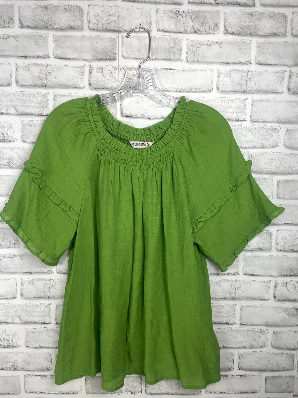 Nanette Lepore Green Smocked Blouse Small Ruffle Short Sleeve Top NWOT